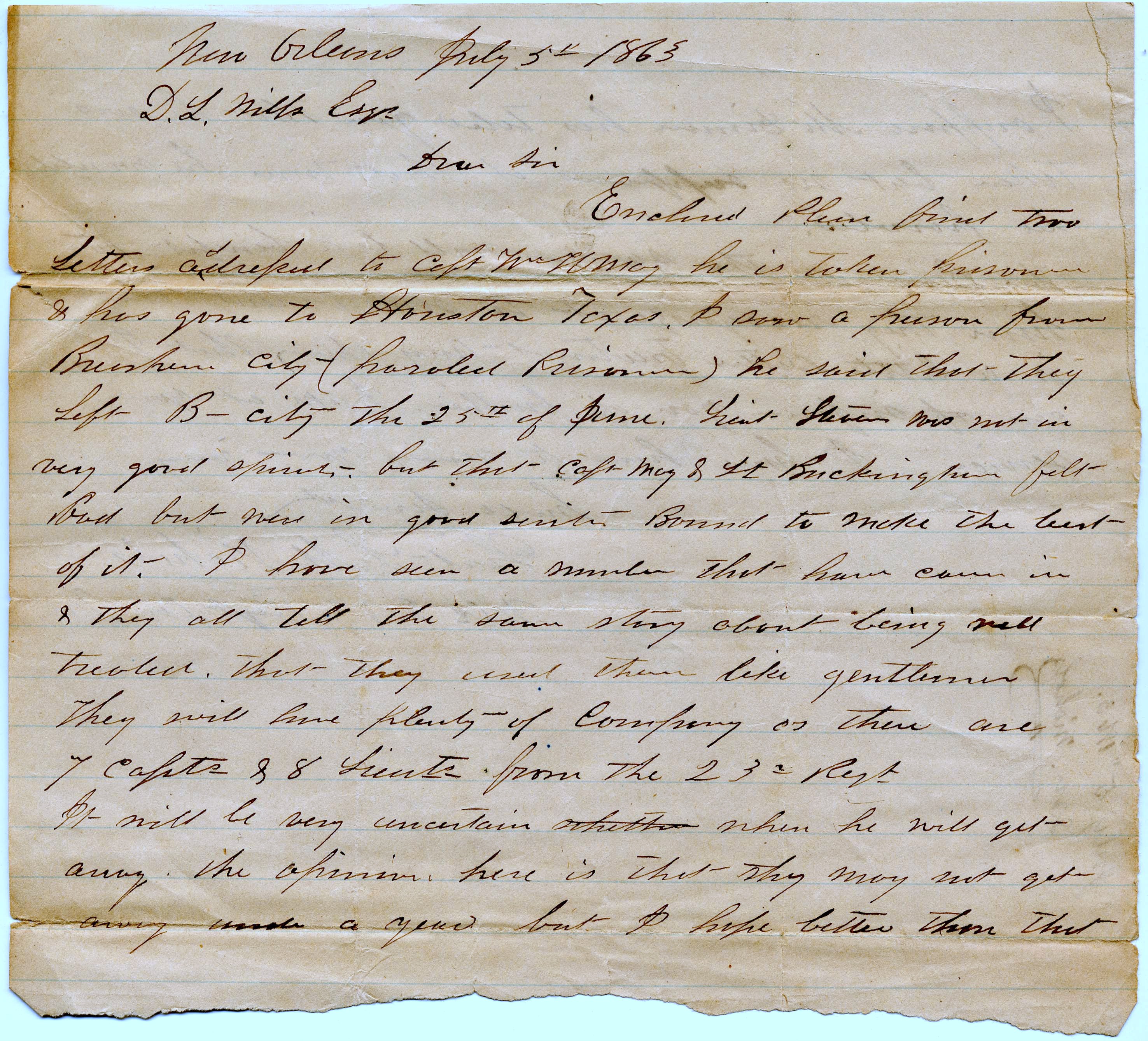 Letter re. Capt. Wm. May, July 5,1863, explaining he has been taken prisoner (p.1)